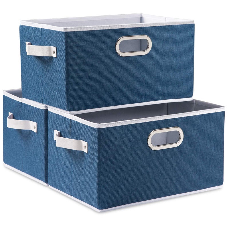 PRANDOM Fodable Storage Bins for Closet [3-pack] Decorative Fabric Storage Baskets Cubes with Leather/Metal Handles for Shelves Bedroom Living Room Royal Blue (11.5x8.5x6.7 Inch) - Image 1